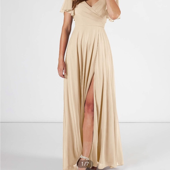 SEIM Women's Flutter Sleeve Bridesmaid Dress Slit V Neck Chiffon Formal Dresses - Picture 2 of 3